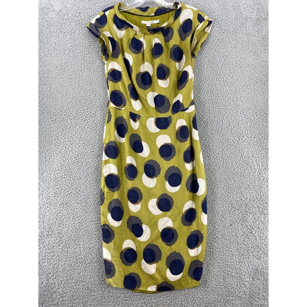 Boden Dress Womens 4L Green Blue White Polka Dot Silk Blend Fitted Knee Length